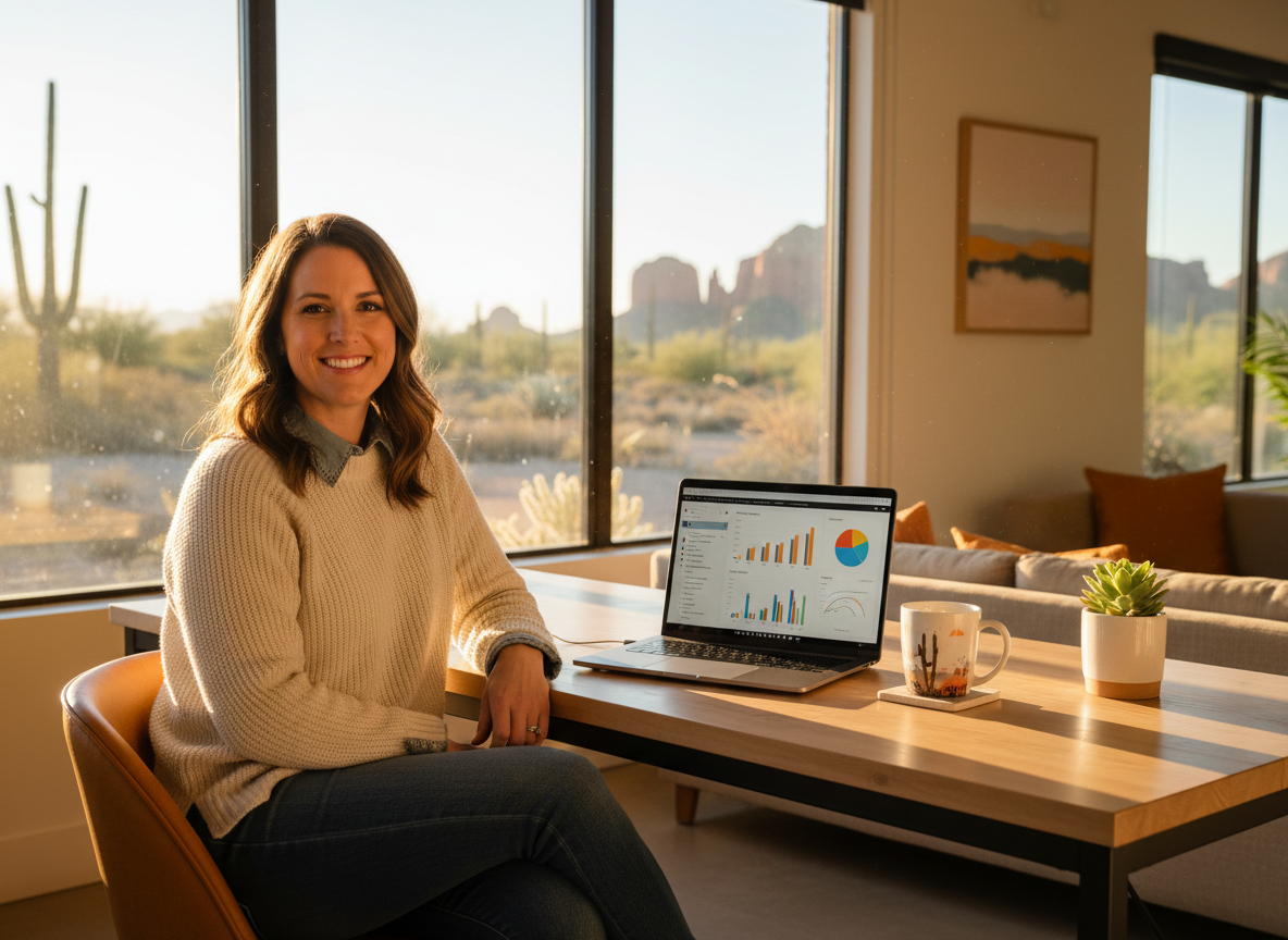 Friendly marketing professional working at a modern desk with Southern Arizona landscape